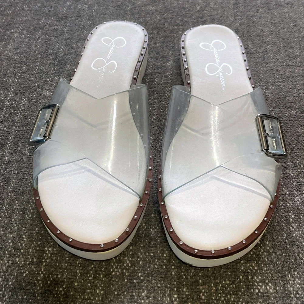 Jessica Simpson Maritah Slide Sandals Womens 8.5 M White Clear Studded Platform